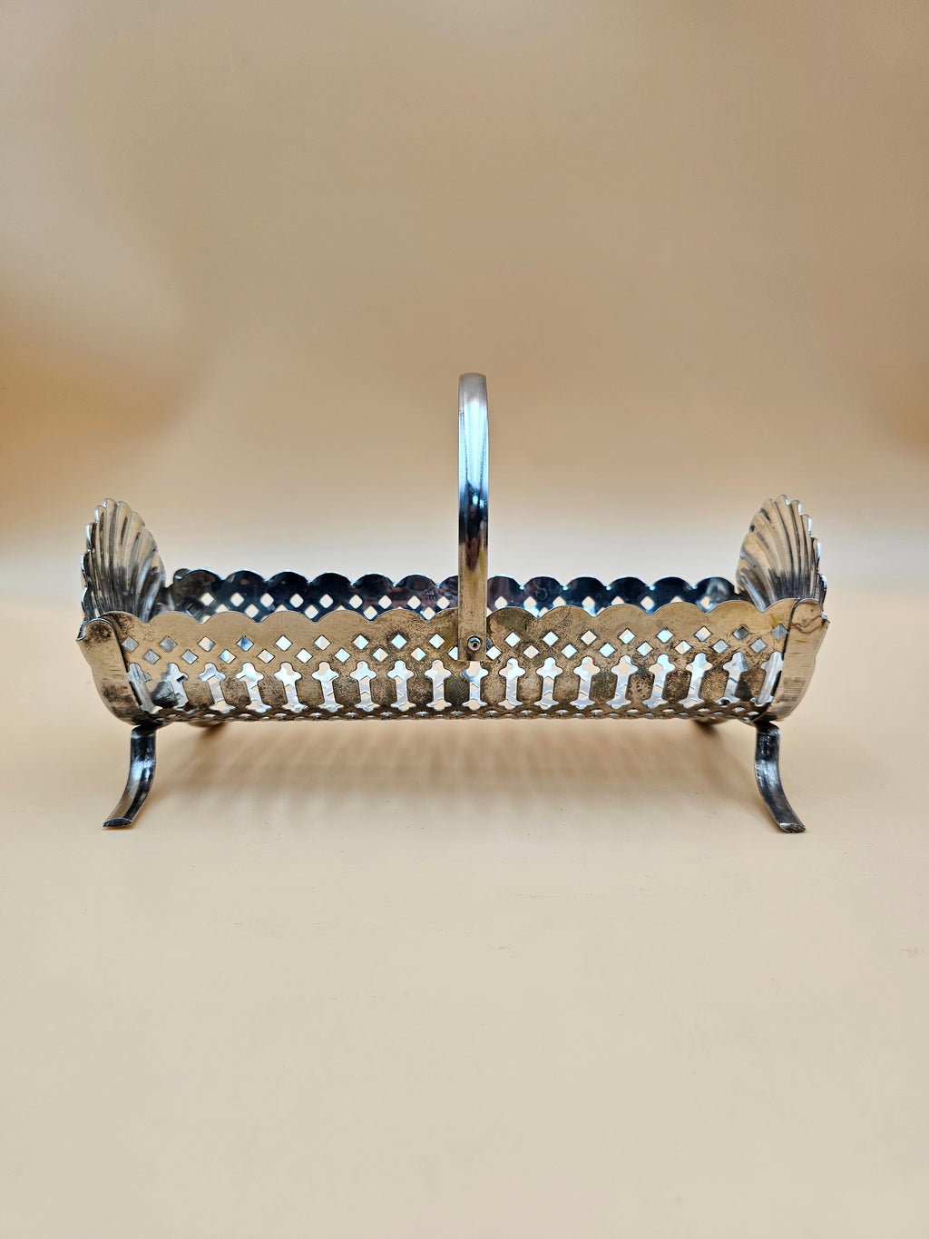 Vintage Silver-Plated Pierced Cracker Basket with Shell Ends & Handle
