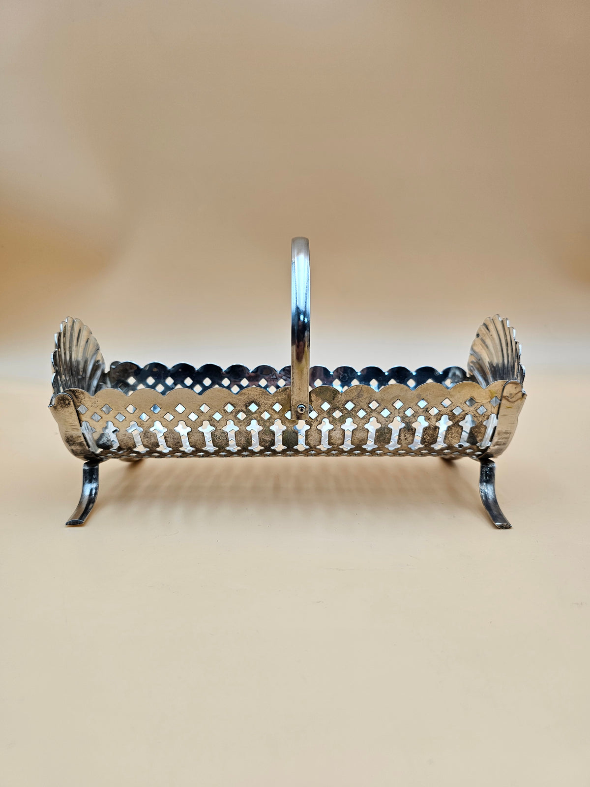Vintage Silver-Plated Pierced Cracker Basket with Shell Ends & Handle