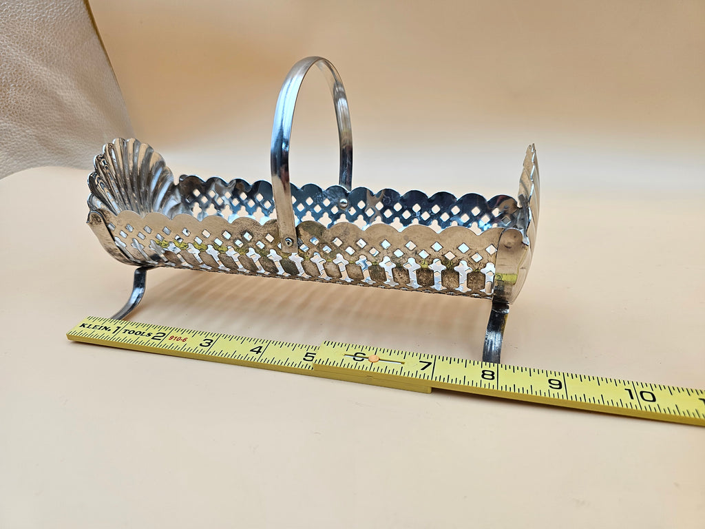 Vintage Silver-Plated Pierced Cracker Basket with Shell Ends & Handle