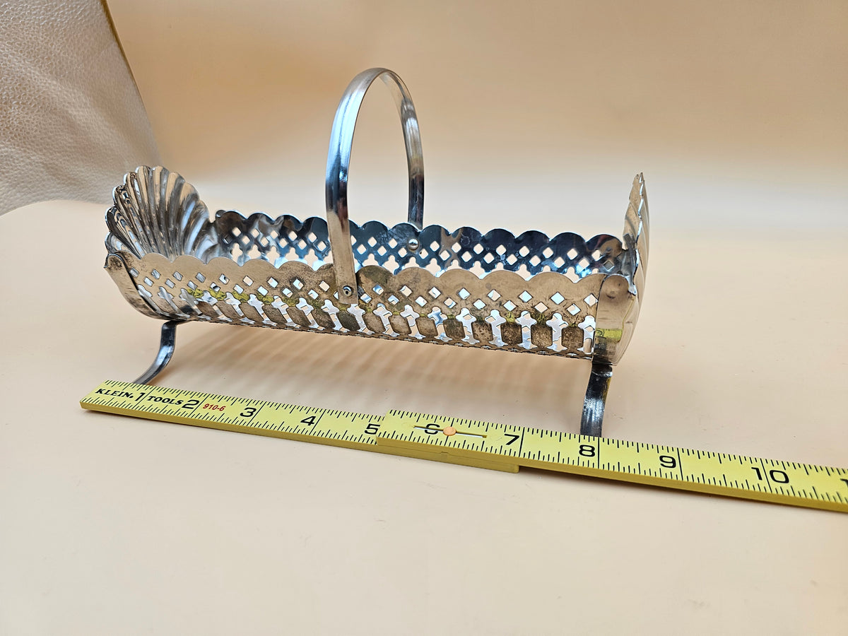 Vintage Silver-Plated Pierced Cracker Basket with Shell Ends & Handle