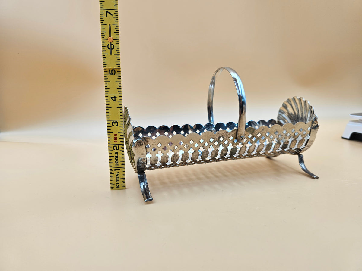 Vintage Silver-Plated Pierced Cracker Basket with Shell Ends & Handle