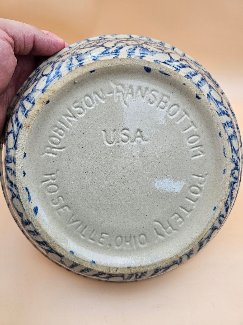 Vintage Robinson Ransbottom Blue Spongeware Stoneware Serving Bowl 9.5"