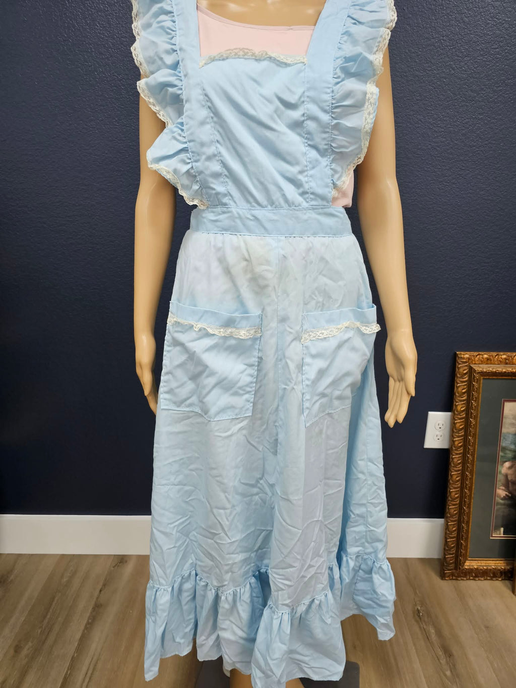 Light Blue Ruffled Full-Length Pinafore Apron with Lace Trim & Pockets