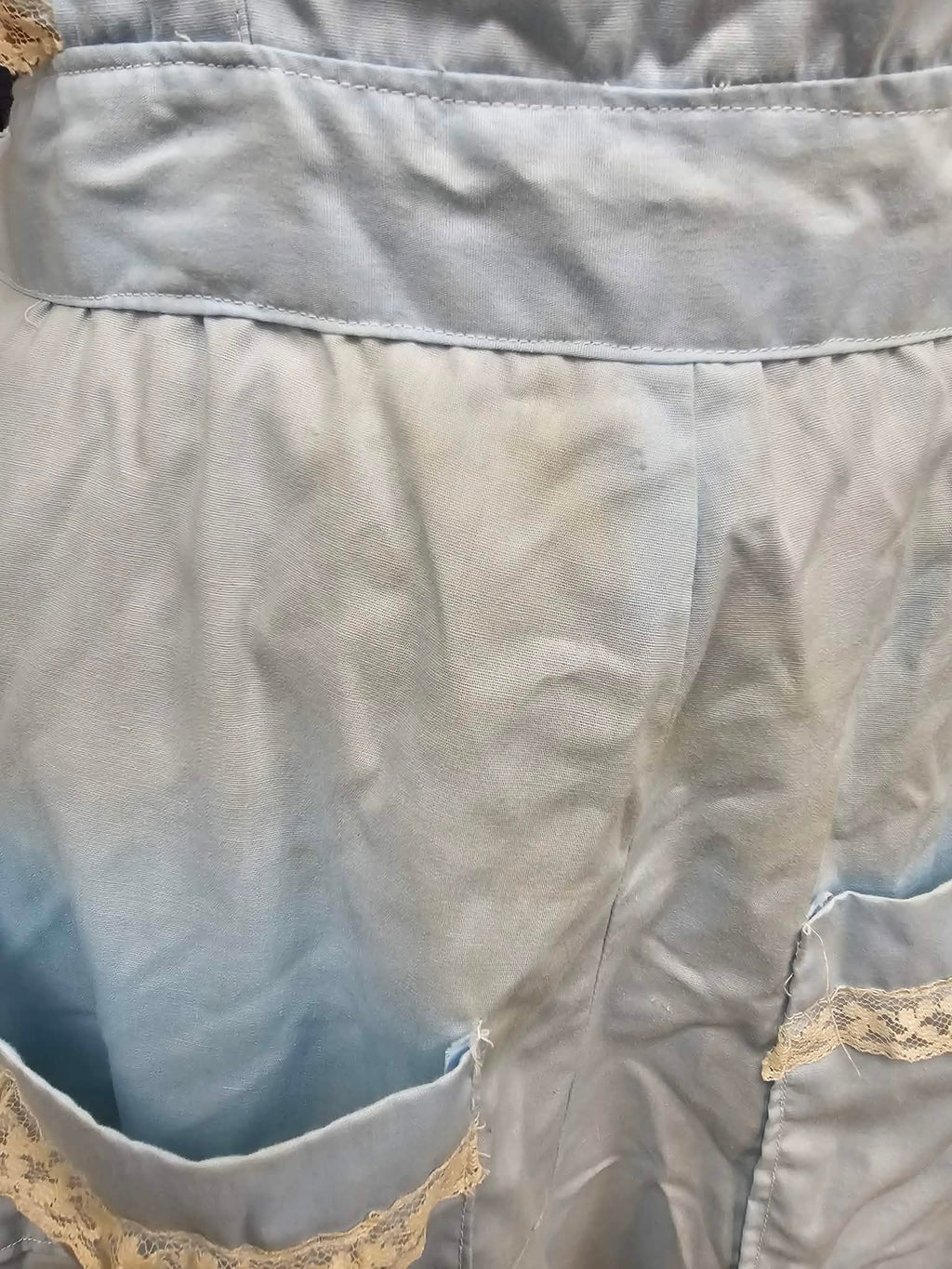 Light Blue Ruffled Full-Length Pinafore Apron with Lace Trim & Pockets