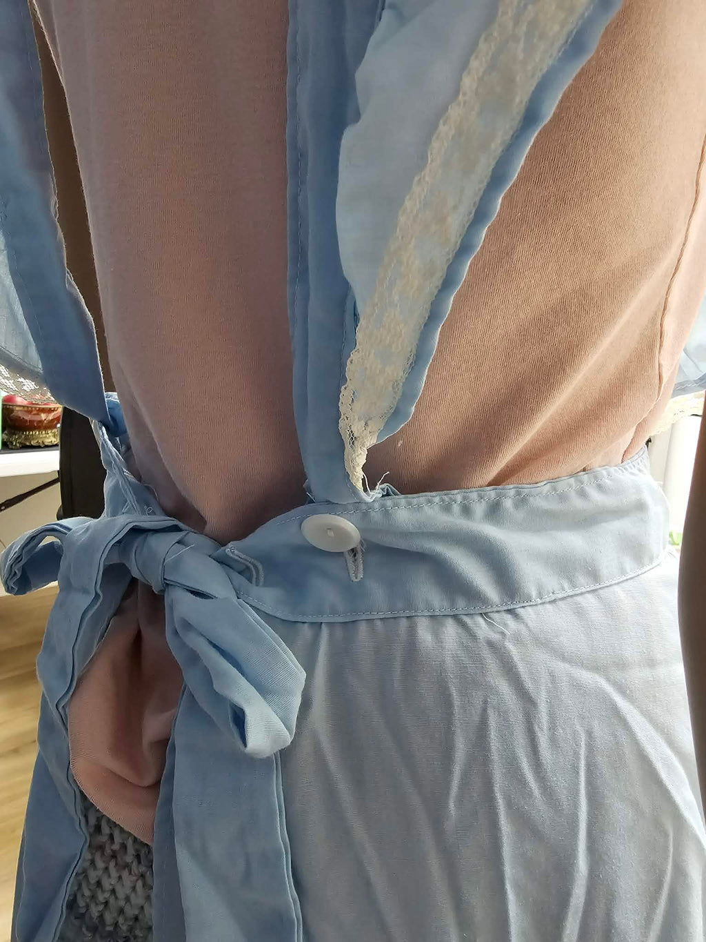 Light Blue Ruffled Full-Length Pinafore Apron with Lace Trim & Pockets
