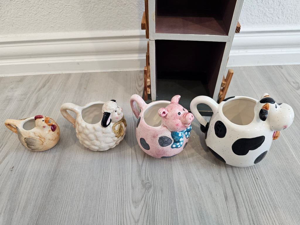JGI Ceramic Farm Animal Measuring Cups with Wooden Barn Display – 4-Piece Set