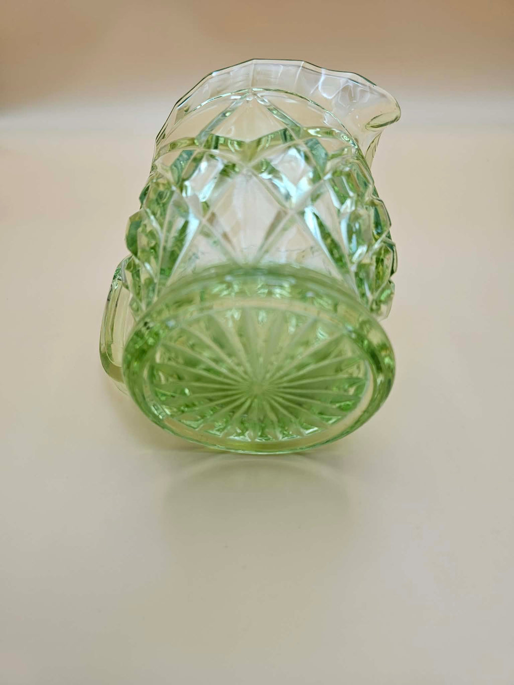 Vintage Green UV-Reactive Glass Pitcher Diamond Fan Pattern – 5.5 Inch