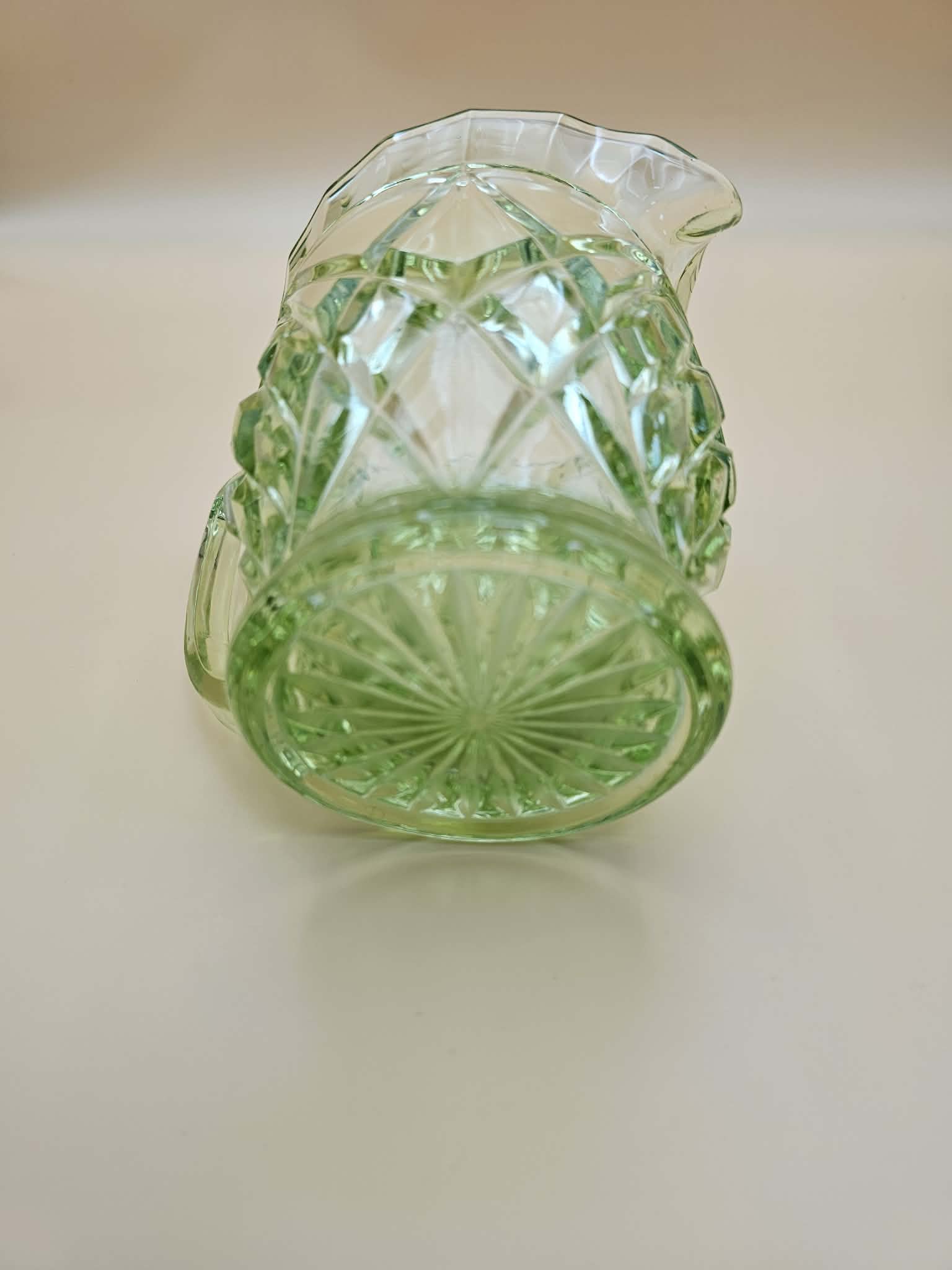 Vintage Green UV-Reactive Glass Pitcher Diamond Fan Pattern – 5.5 Inch