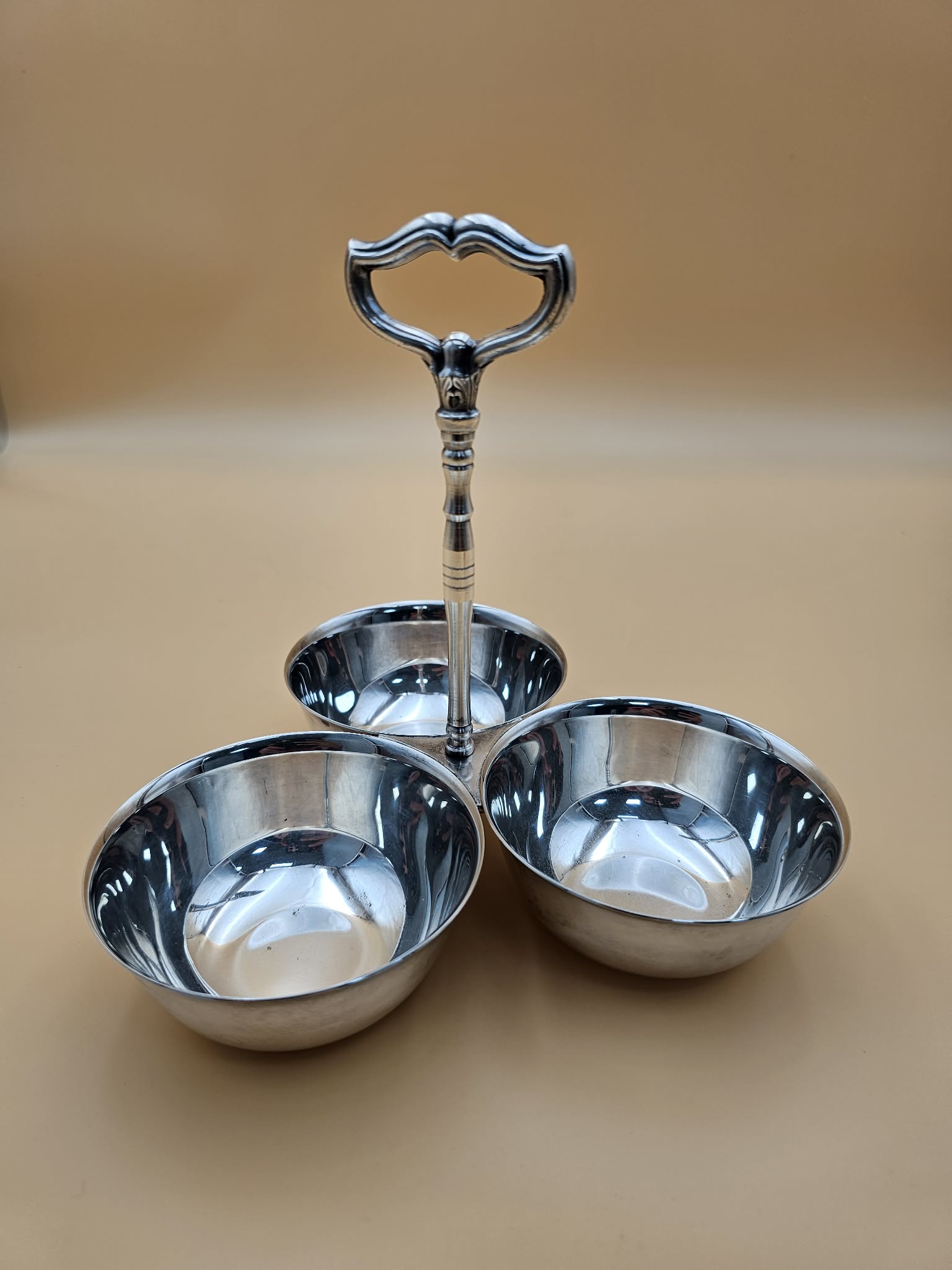 Vintage Oneida Silversmiths Three-Bowl Handled Condiment Server