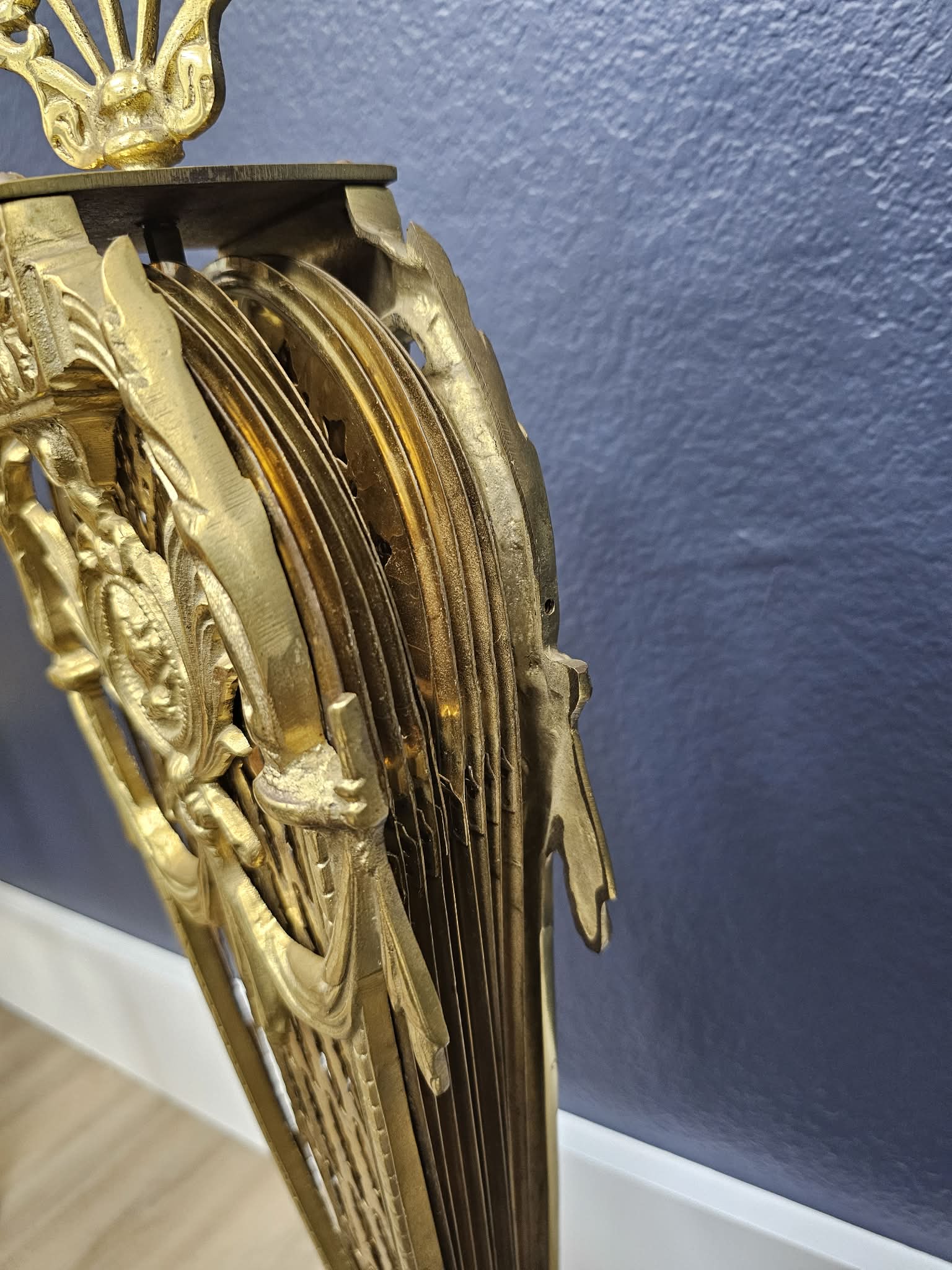 Vintage Brass-Tone Peacock Fan Fireplace Screen with Dolphin Handle