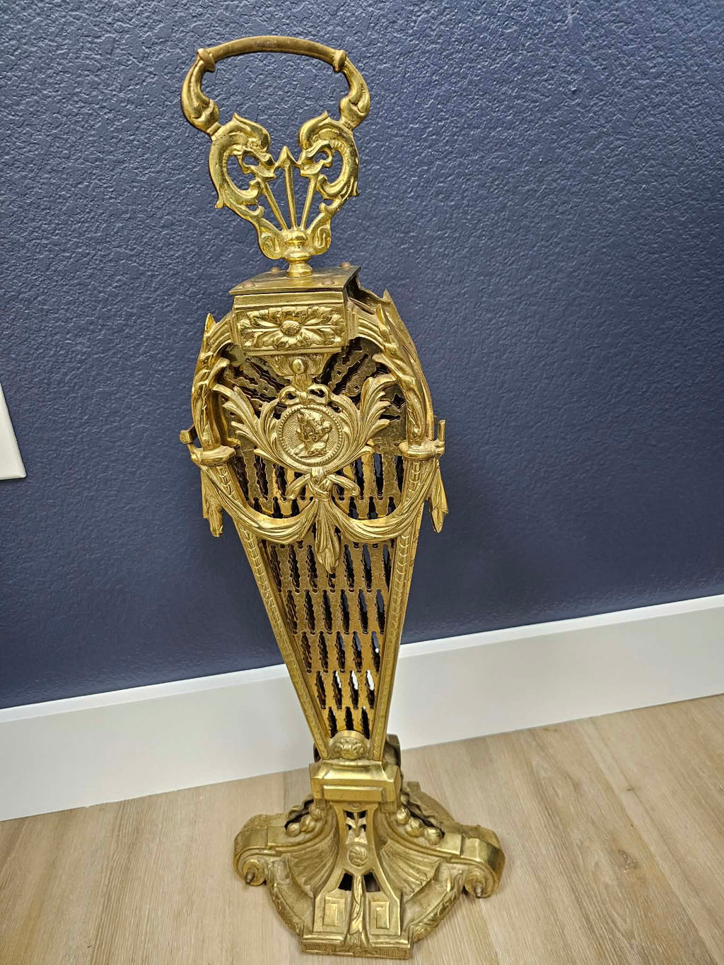 Vintage Brass-Tone Peacock Fan Fireplace Screen with Dolphin Handle
