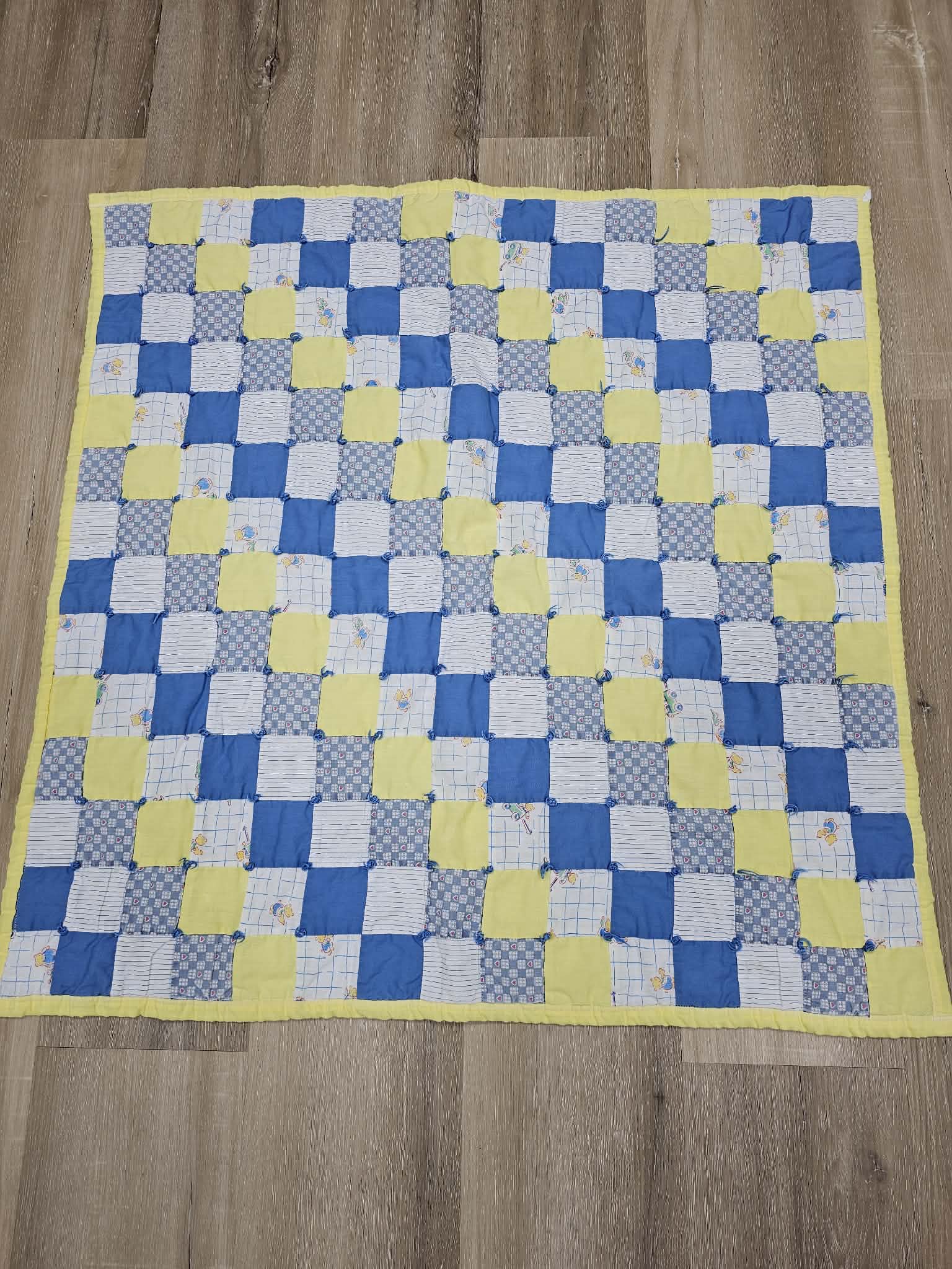 Handmade Blue and Yellow Patchwork Rag Quilt Baby Blanket – 30 x 32 Inch