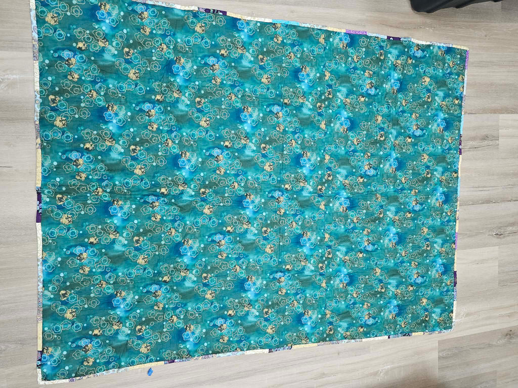 Handmade Patchwork Lap Quilt in Teal, Purple and Gold – 45 x 60 Inch