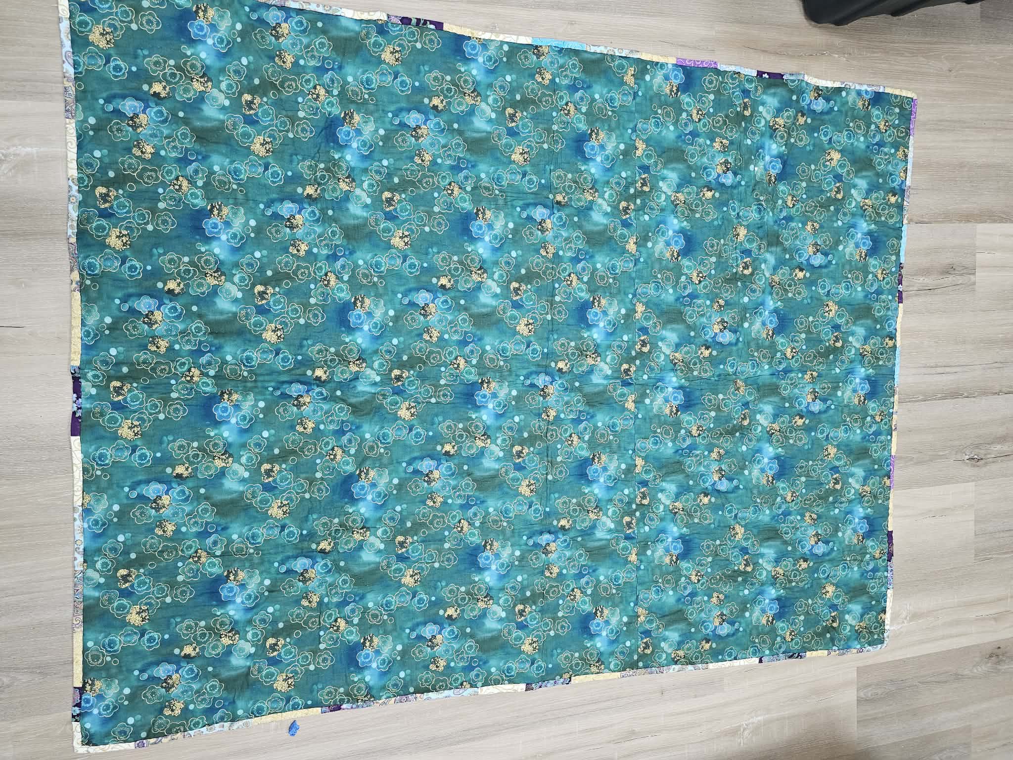 Handmade Patchwork Lap Quilt in Teal, Purple and Gold – 45 x 60 Inch