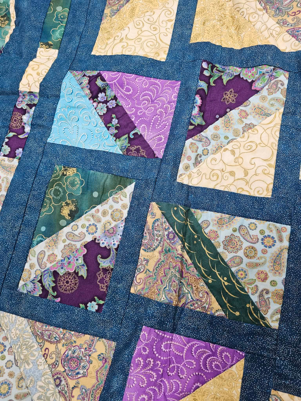 Handmade Patchwork Lap Quilt in Teal, Purple and Gold – 45 x 60 Inch