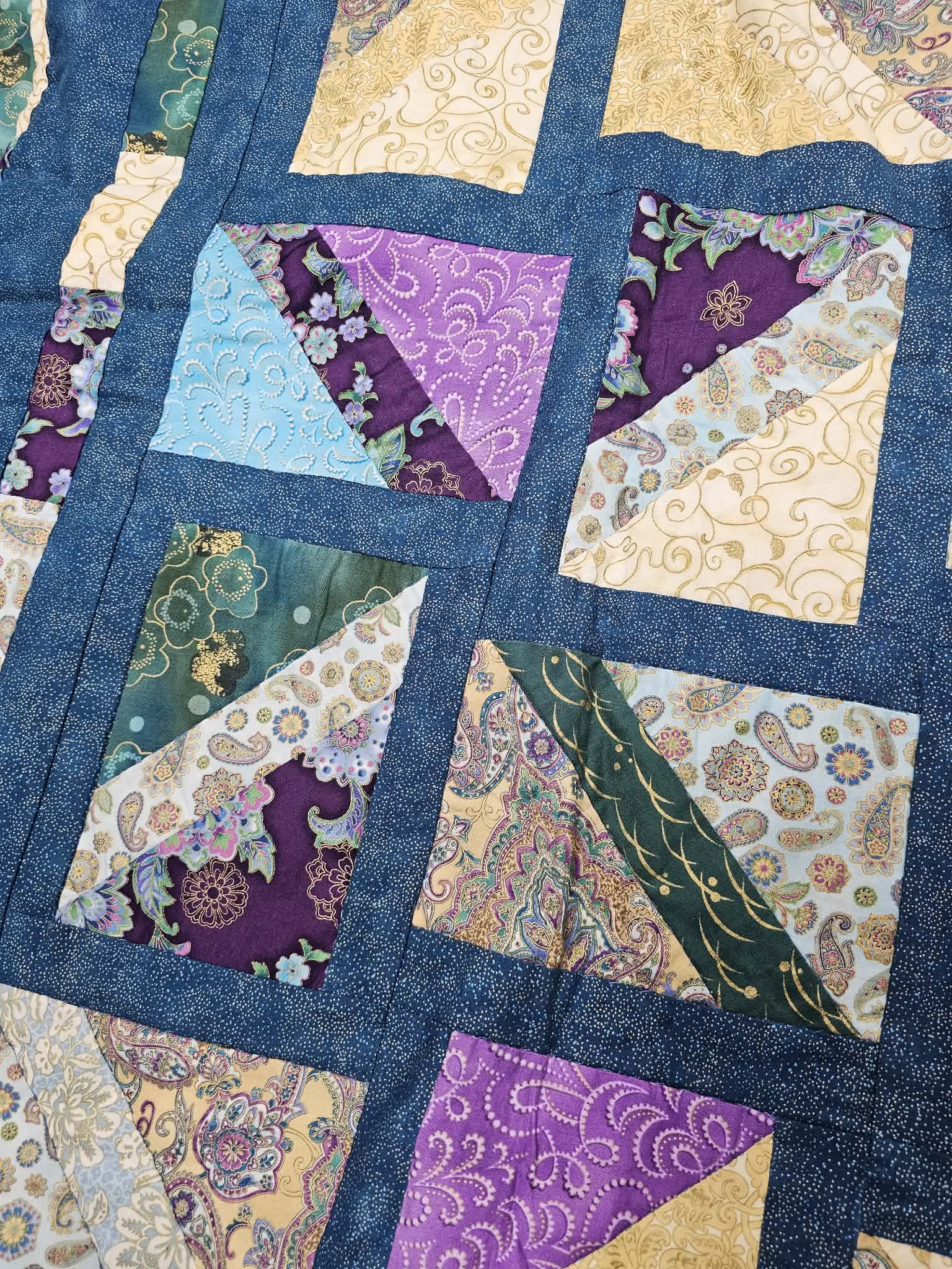 Handmade Patchwork Lap Quilt in Teal, Purple and Gold – 45 x 60 Inch