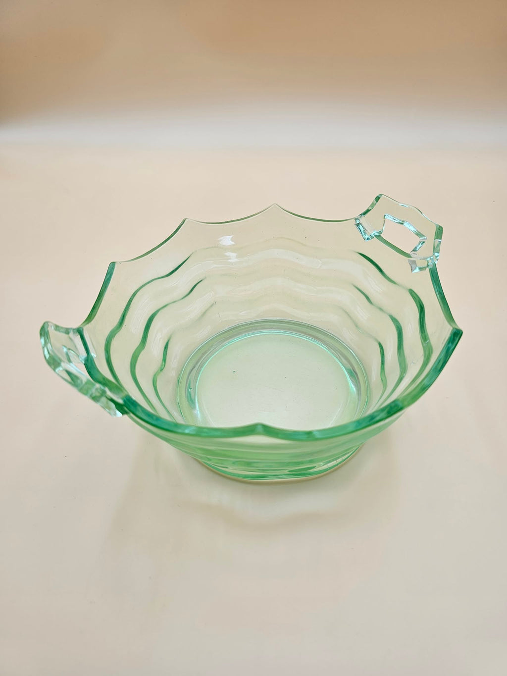 Vintage Green Uranium Glass Scalloped Handled Serving Bowl, 8 Inch