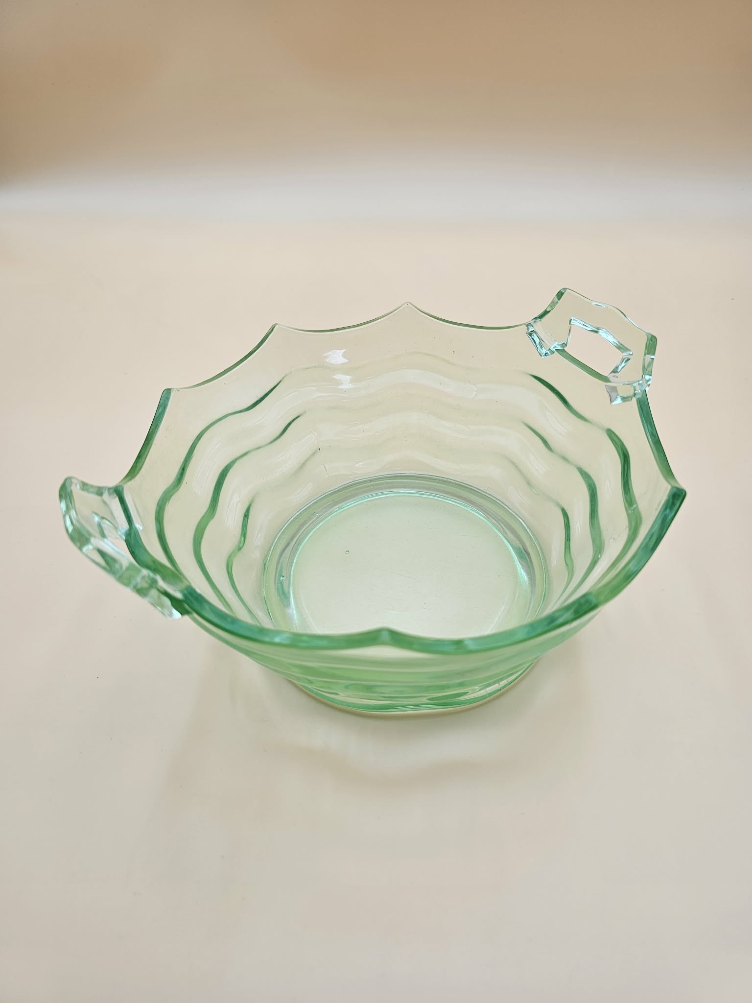 Vintage Green Uranium Glass Scalloped Handled Serving Bowl, 8 Inch