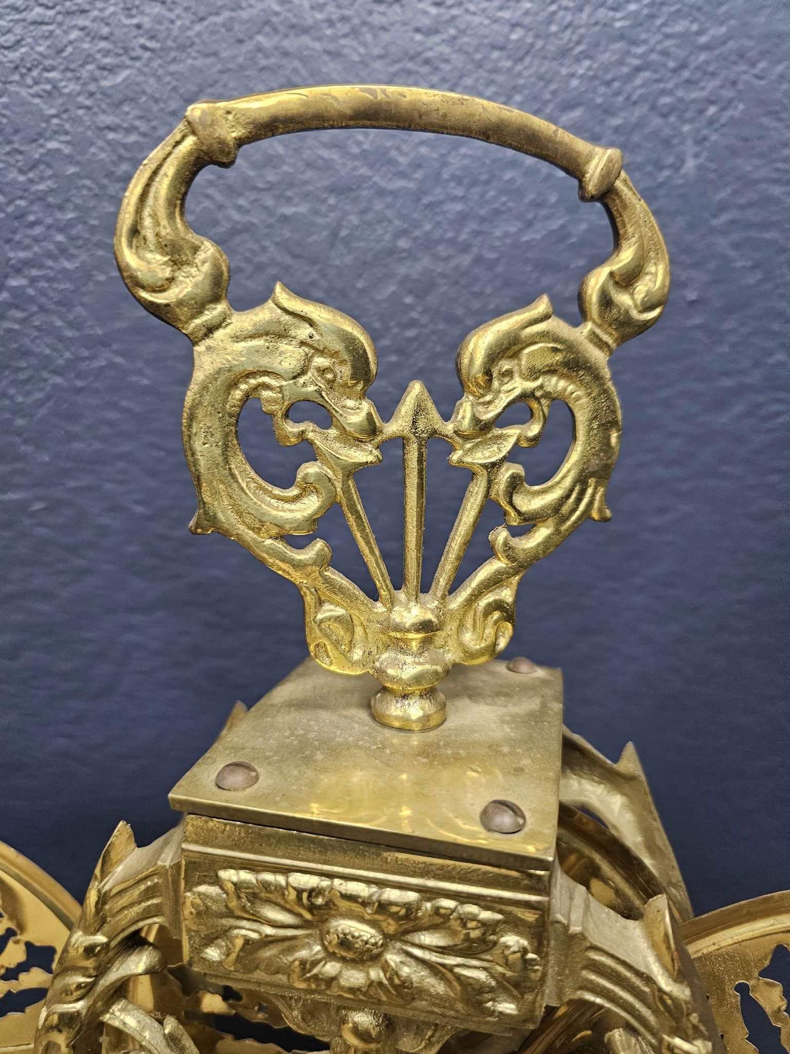 Vintage Brass-Tone Peacock Fan Fireplace Screen with Dolphin Handle