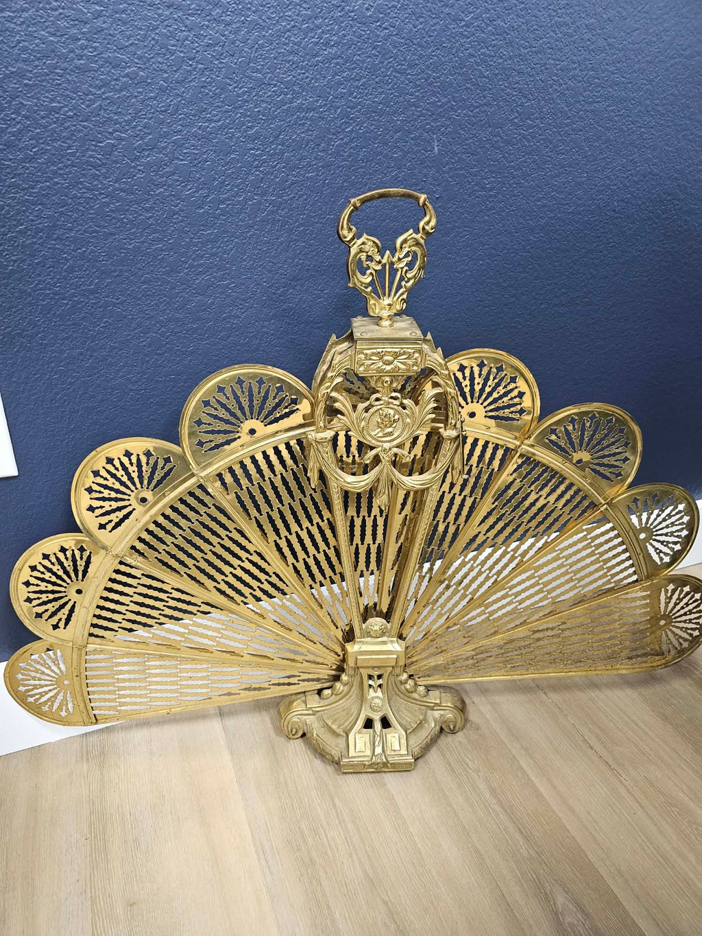 Vintage Brass-Tone Peacock Fan Fireplace Screen with Dolphin Handle