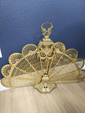 Vintage Brass-Tone Peacock Fan Fireplace Screen with Dolphin Handle