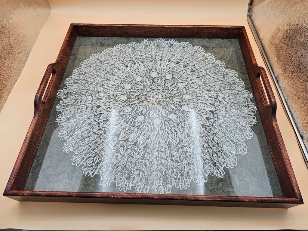 Large Vintage-Style Lace Under Glass Wooden Serving Tray 24 x 23