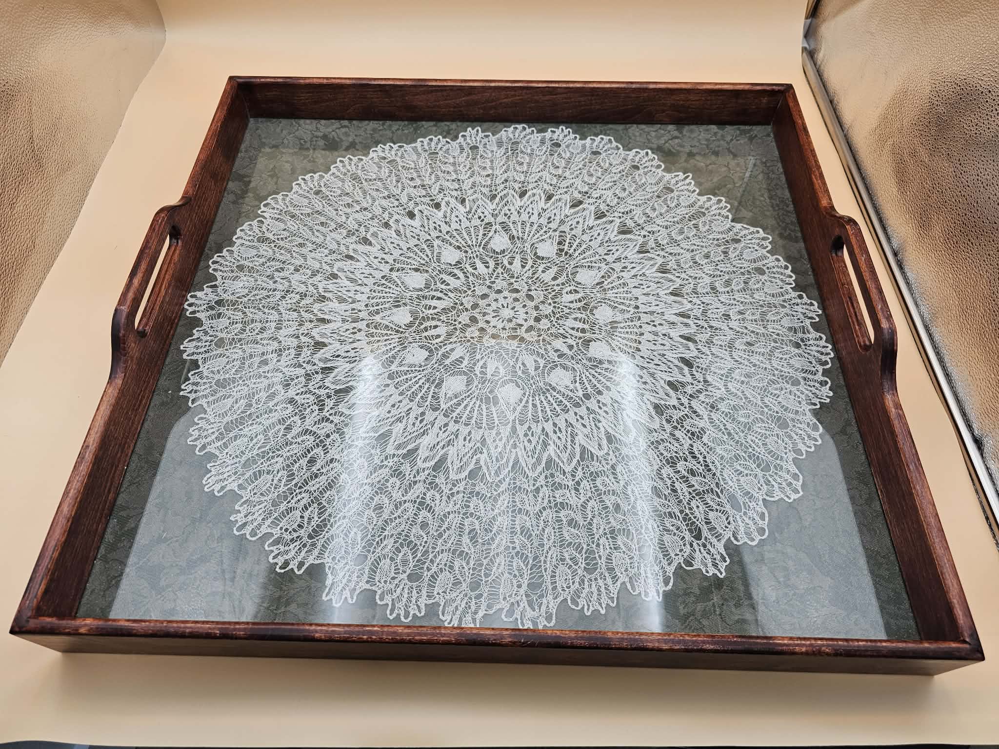 Large Vintage-Style Lace Under Glass Wooden Serving Tray 24 x 23