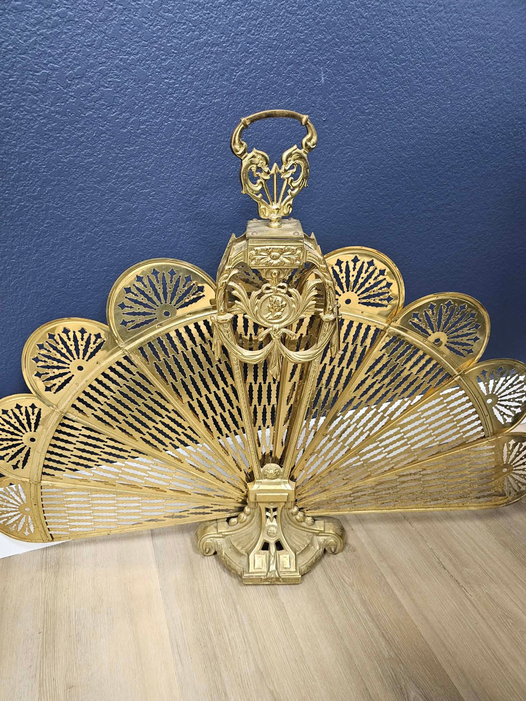 Vintage Brass-Tone Peacock Fan Fireplace Screen with Dolphin Handle