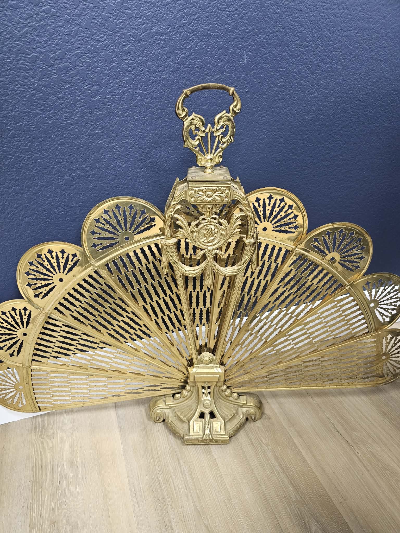 Vintage Brass-Tone Peacock Fan Fireplace Screen with Dolphin Handle