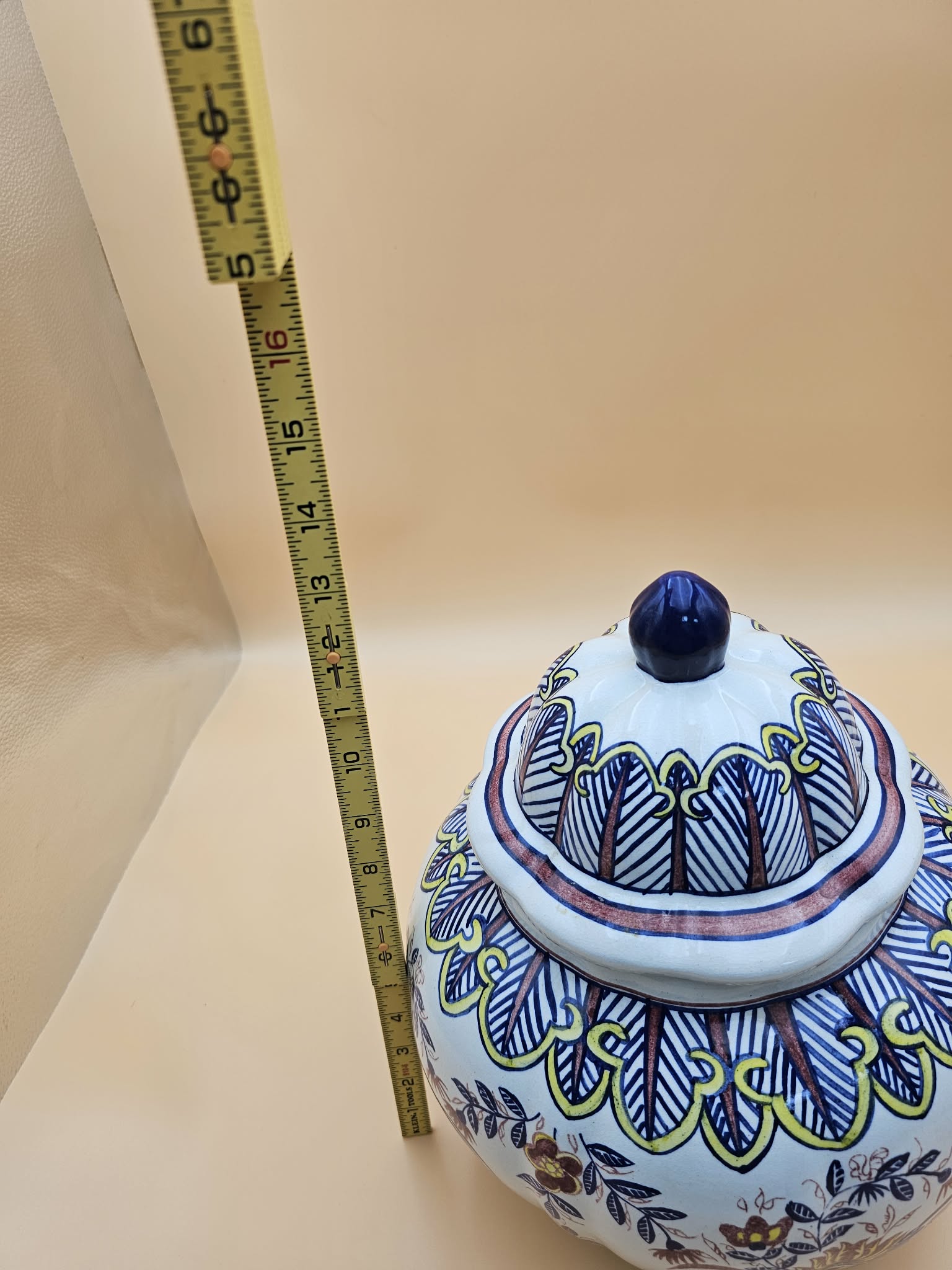 Large Hand-Painted Talavera-Style Ceramic Ginger Jar with Lid