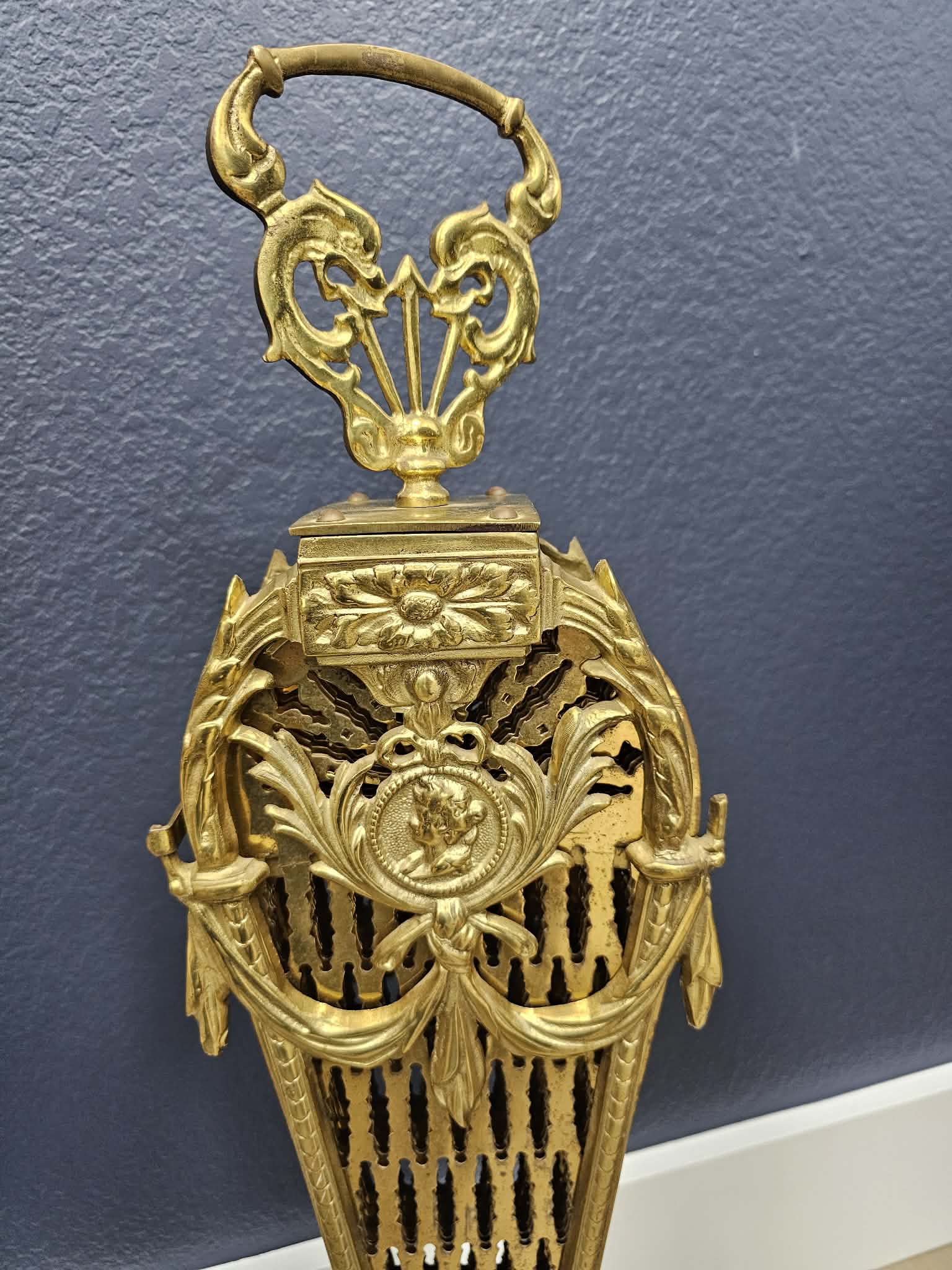 Vintage Brass-Tone Peacock Fan Fireplace Screen with Dolphin Handle