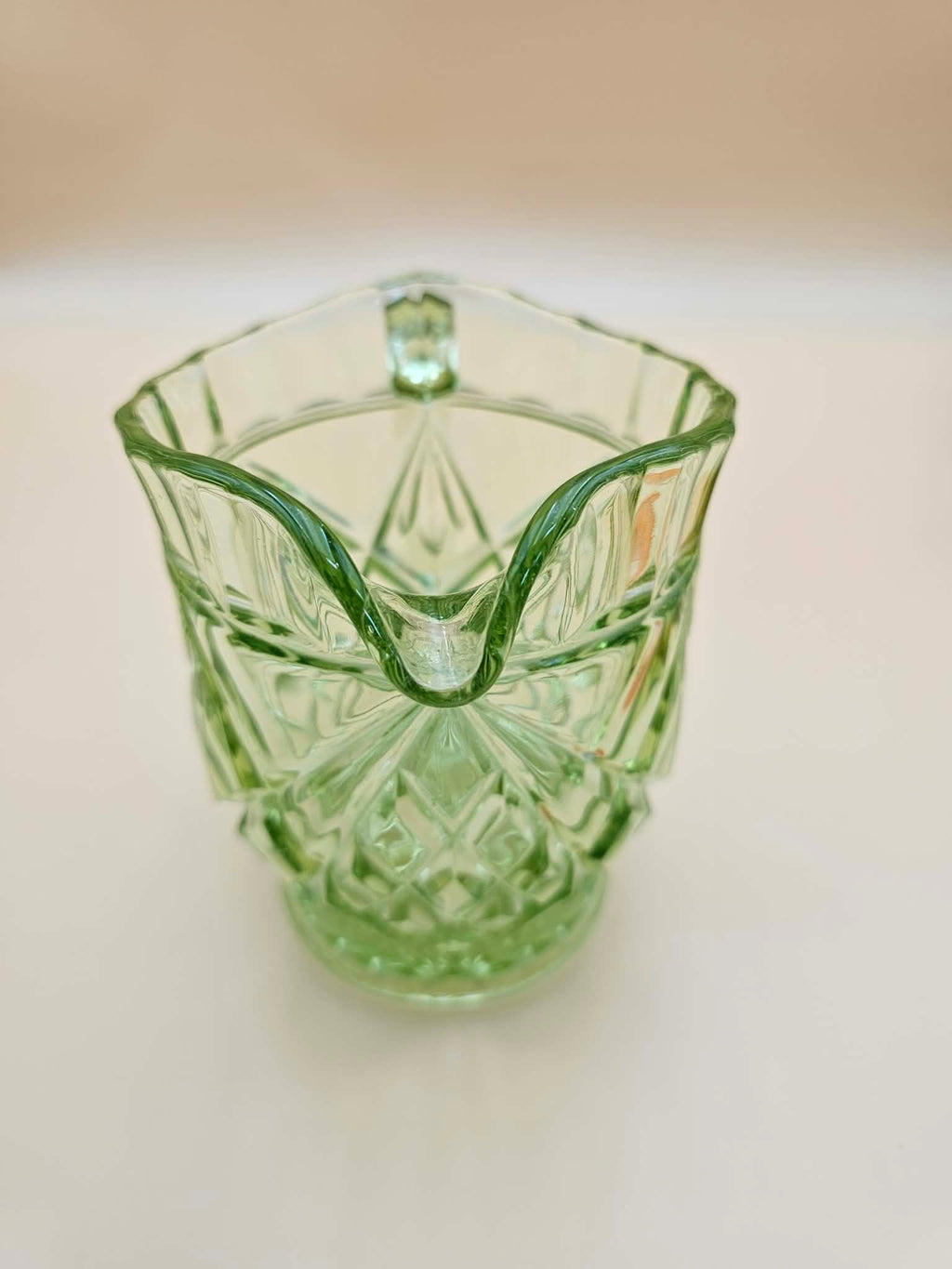Vintage Green UV-Reactive Glass Pitcher Diamond Fan Pattern – 5.5 Inch