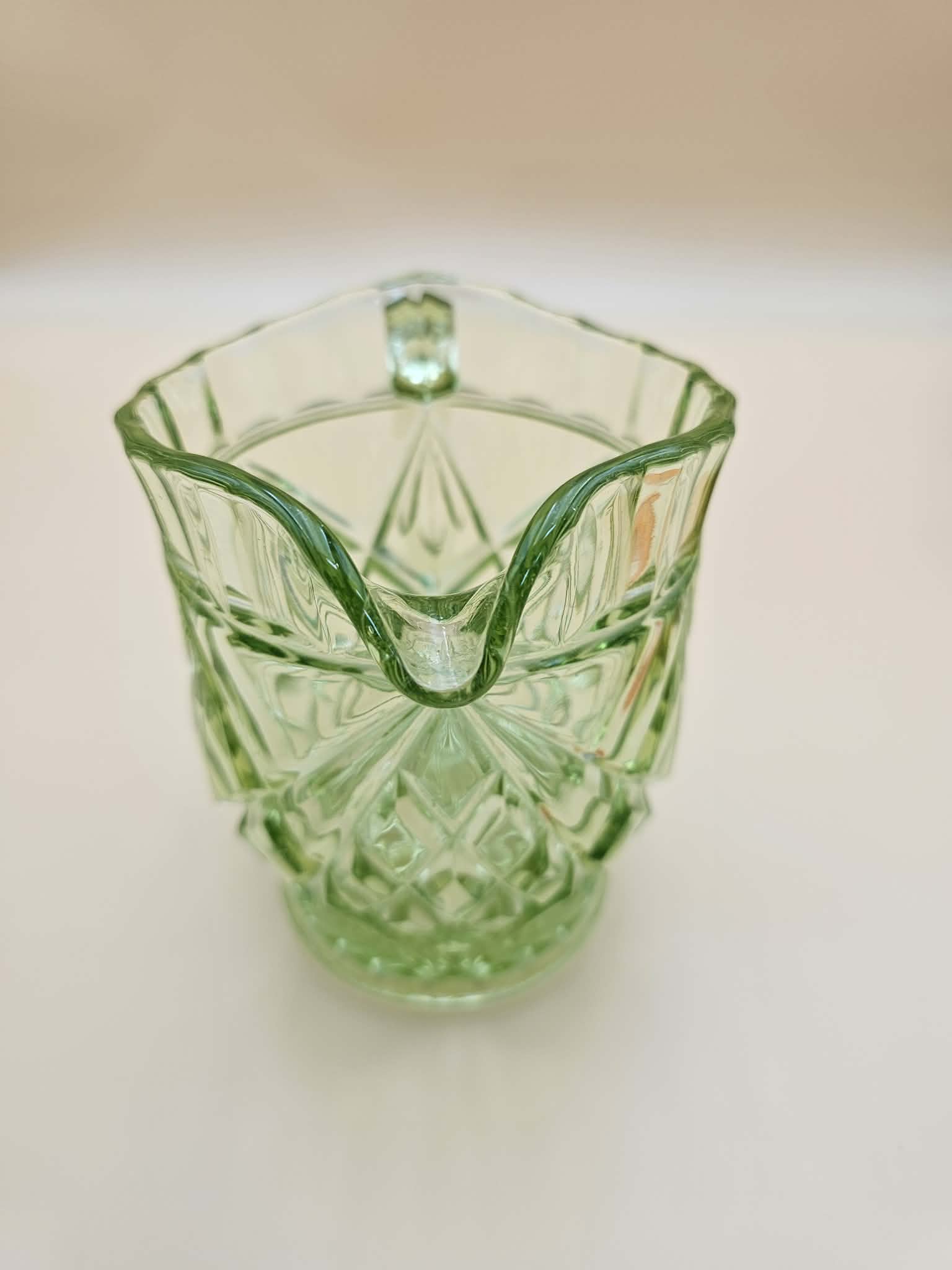 Vintage Green UV-Reactive Glass Pitcher Diamond Fan Pattern – 5.5 Inch