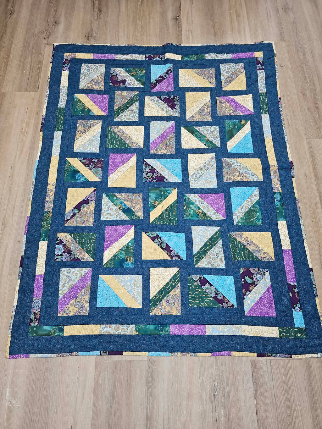 Handmade Patchwork Lap Quilt in Teal, Purple and Gold – 45 x 60 Inch