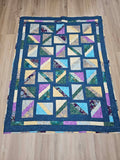 Handmade Patchwork Lap Quilt in Teal, Purple and Gold – 45 x 60 Inch