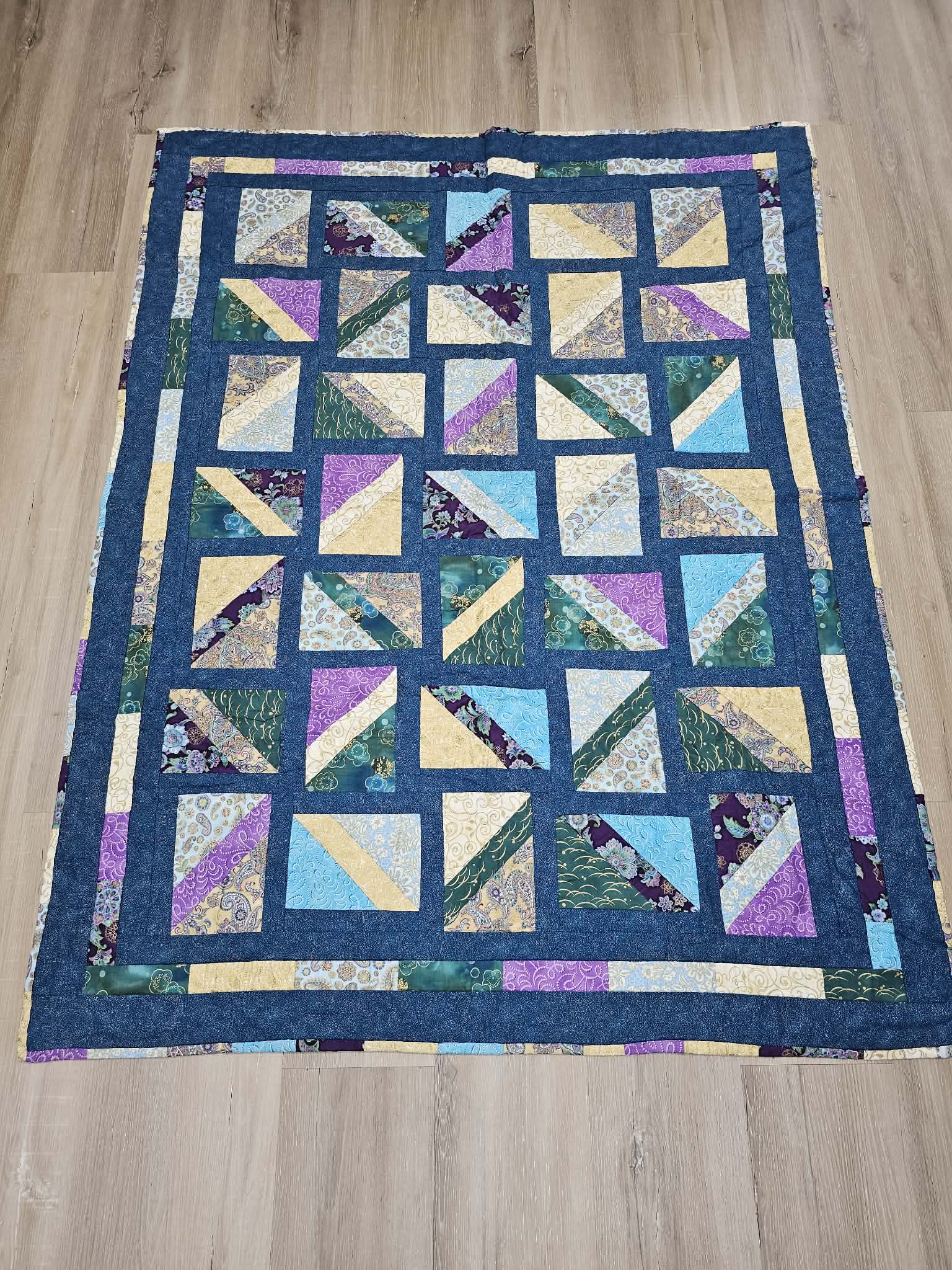 Handmade Patchwork Lap Quilt in Teal, Purple and Gold – 45 x 60 Inch
