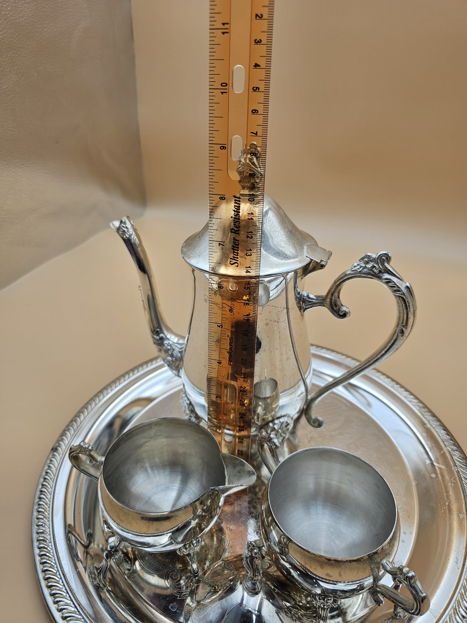 Vintage-Style Ornate Silver-Plated Tea & Coffee Service with Round Tray – 4 Piece Set