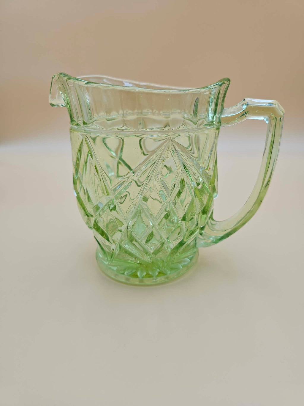 Vintage Green UV-Reactive Glass Pitcher Diamond Fan Pattern – 5.5 Inch