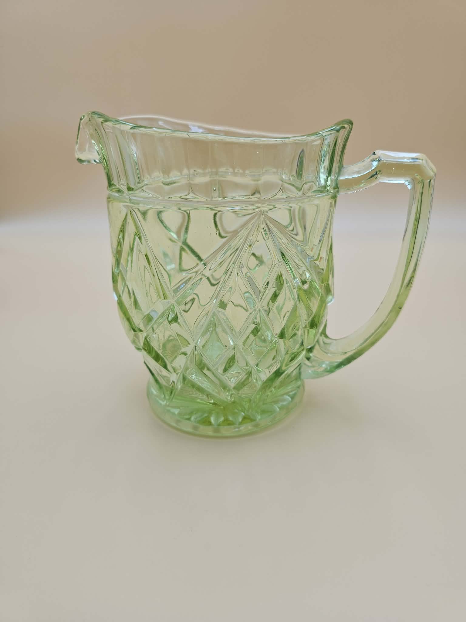 Vintage Green UV-Reactive Glass Pitcher Diamond Fan Pattern – 5.5 Inch