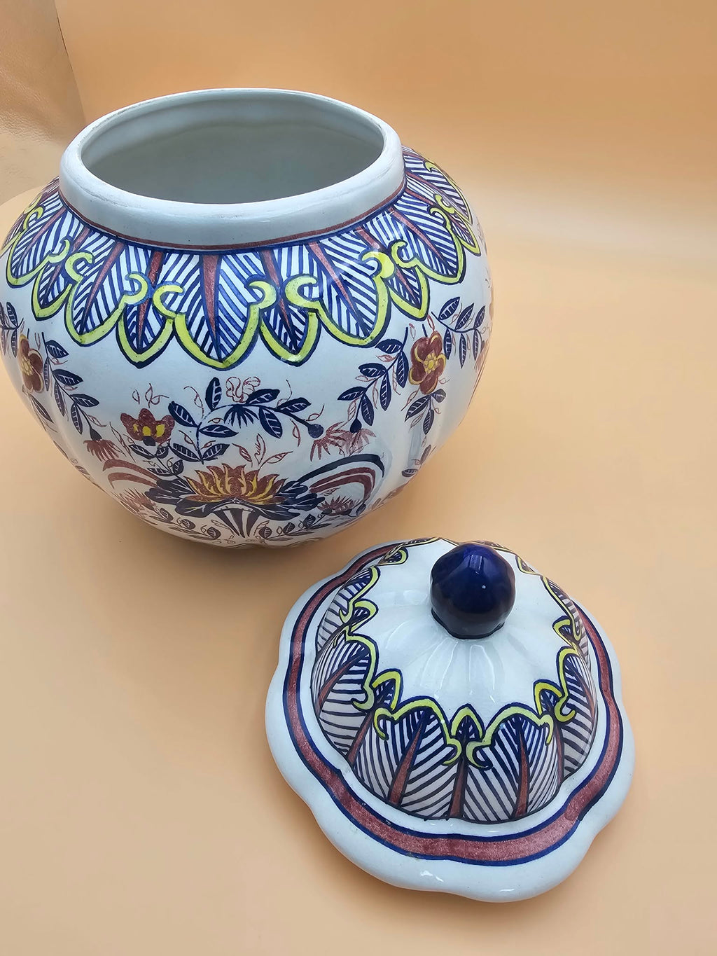 Large Hand-Painted Talavera-Style Ceramic Ginger Jar with Lid
