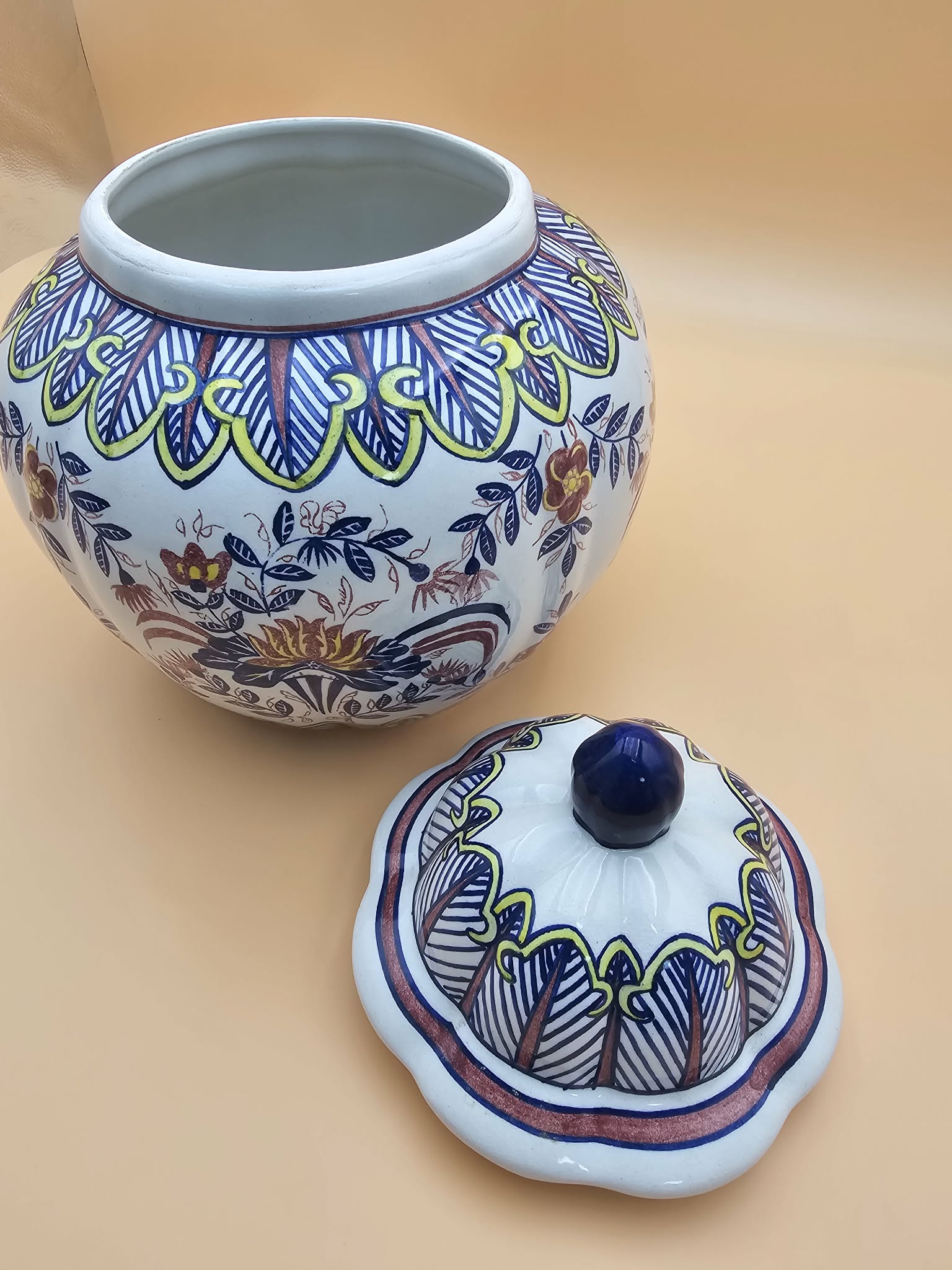 Large Hand-Painted Talavera-Style Ceramic Ginger Jar with Lid