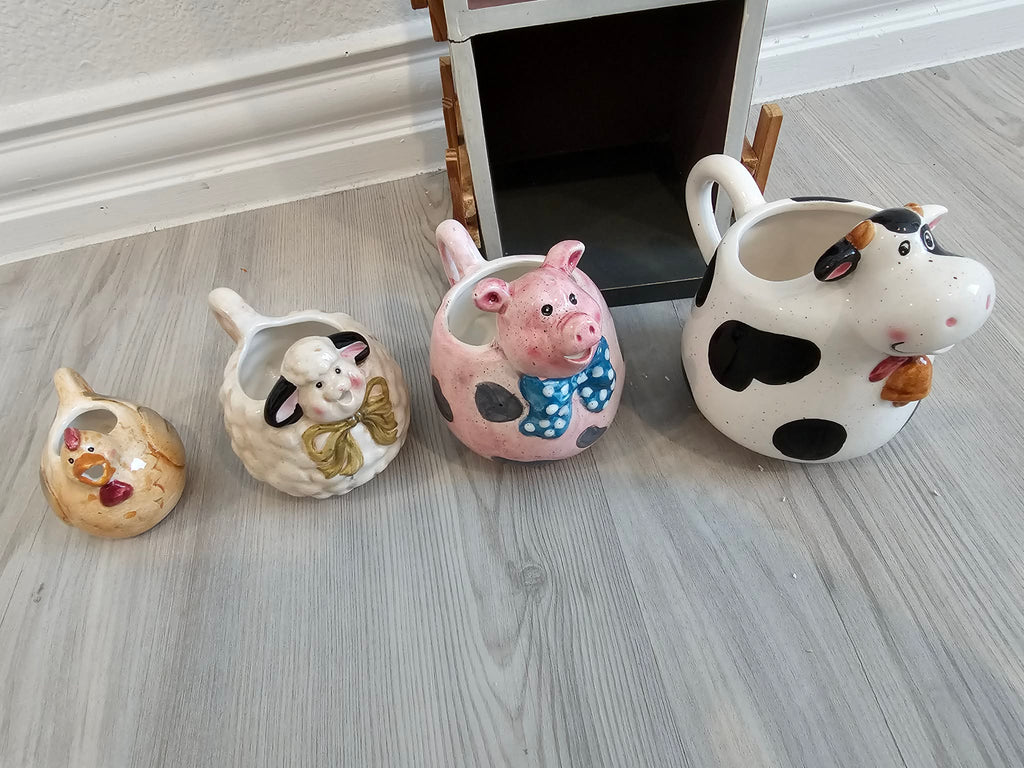 JGI Ceramic Farm Animal Measuring Cups with Wooden Barn Display – 4-Piece Set