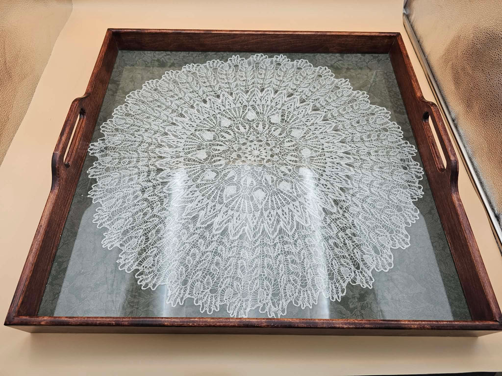 Large Vintage-Style Lace Under Glass Wooden Serving Tray 24 x 23