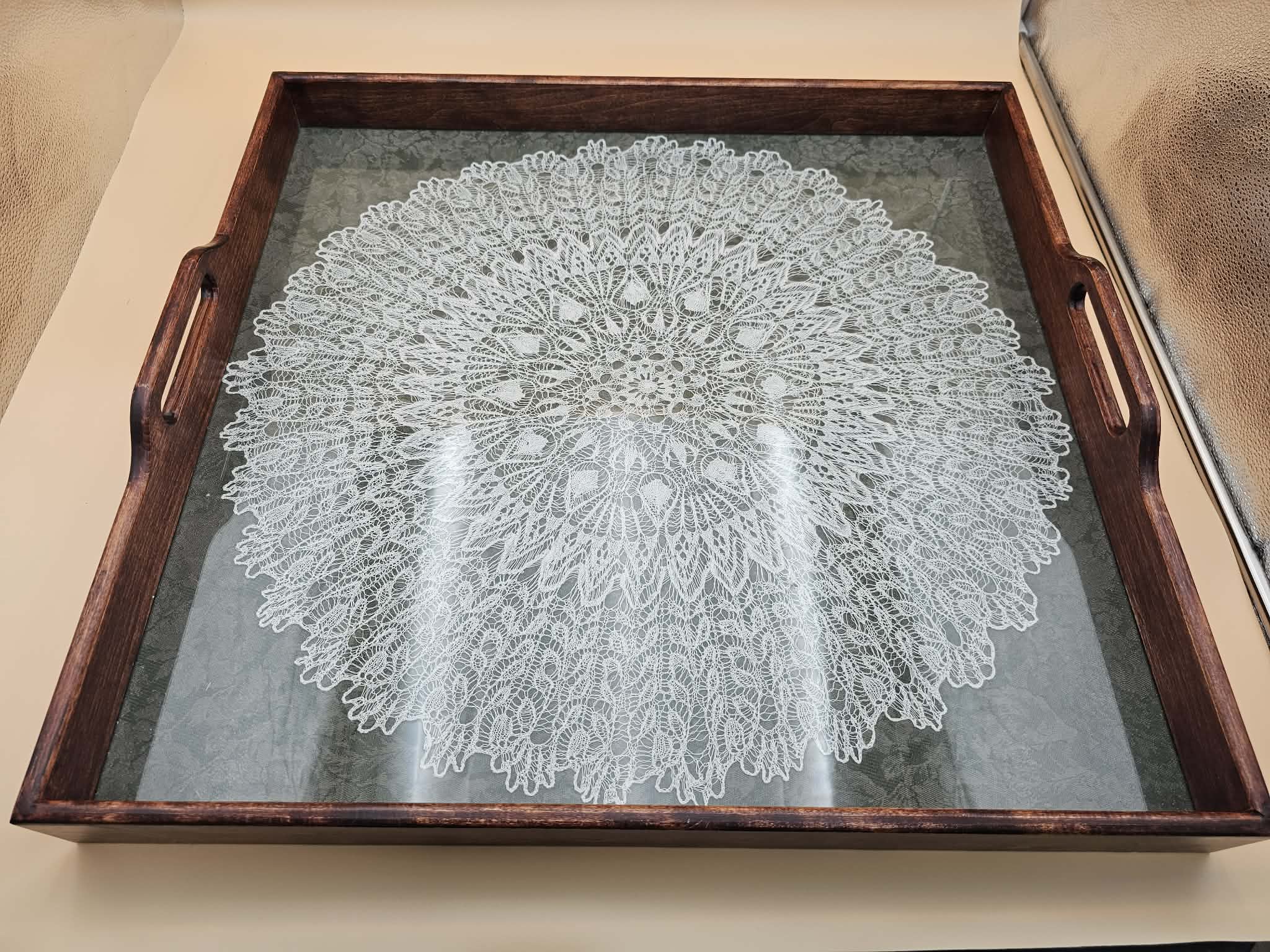 Large Vintage-Style Lace Under Glass Wooden Serving Tray 24 x 23