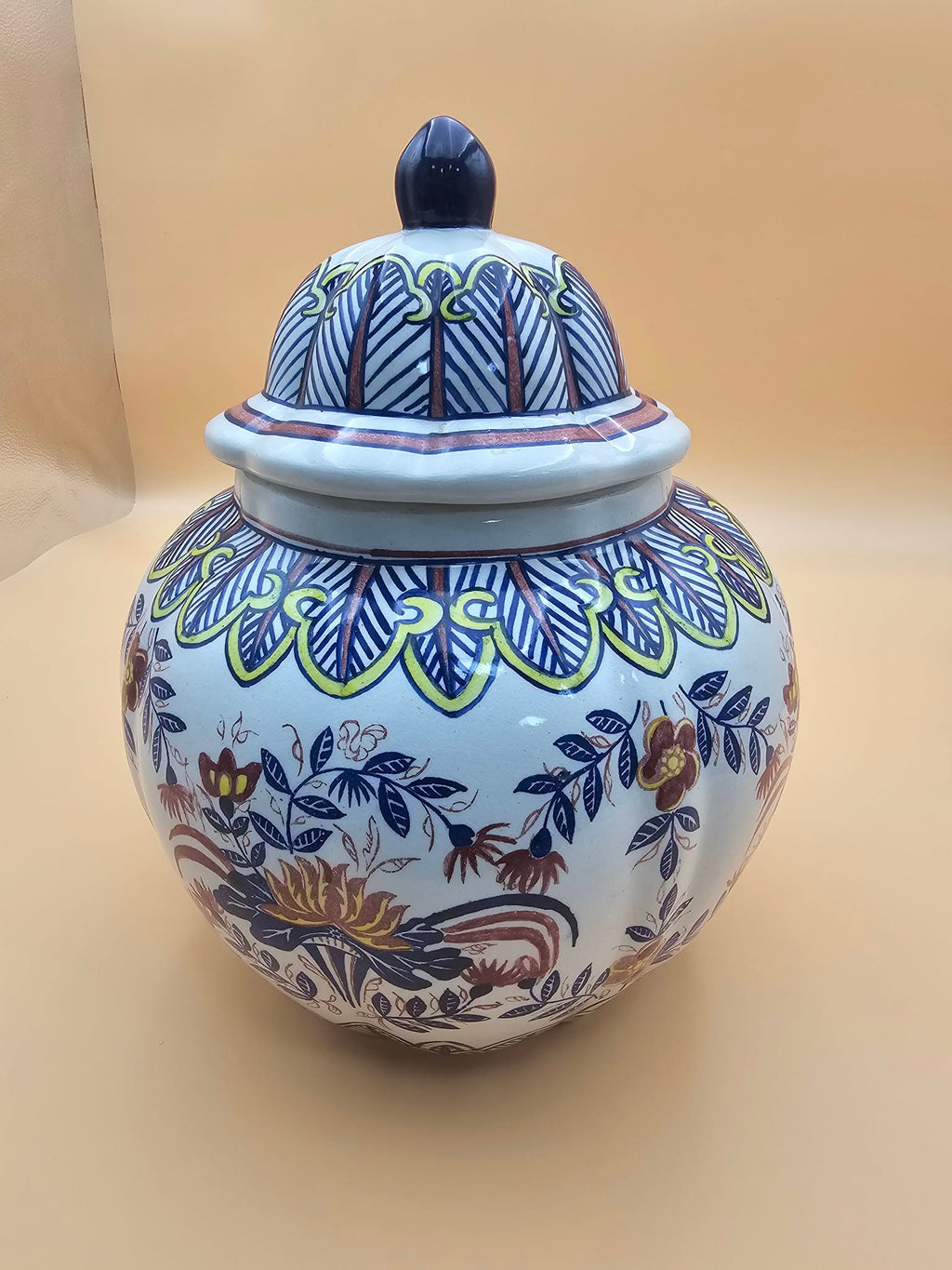 Large Hand-Painted Talavera-Style Ceramic Ginger Jar with Lid