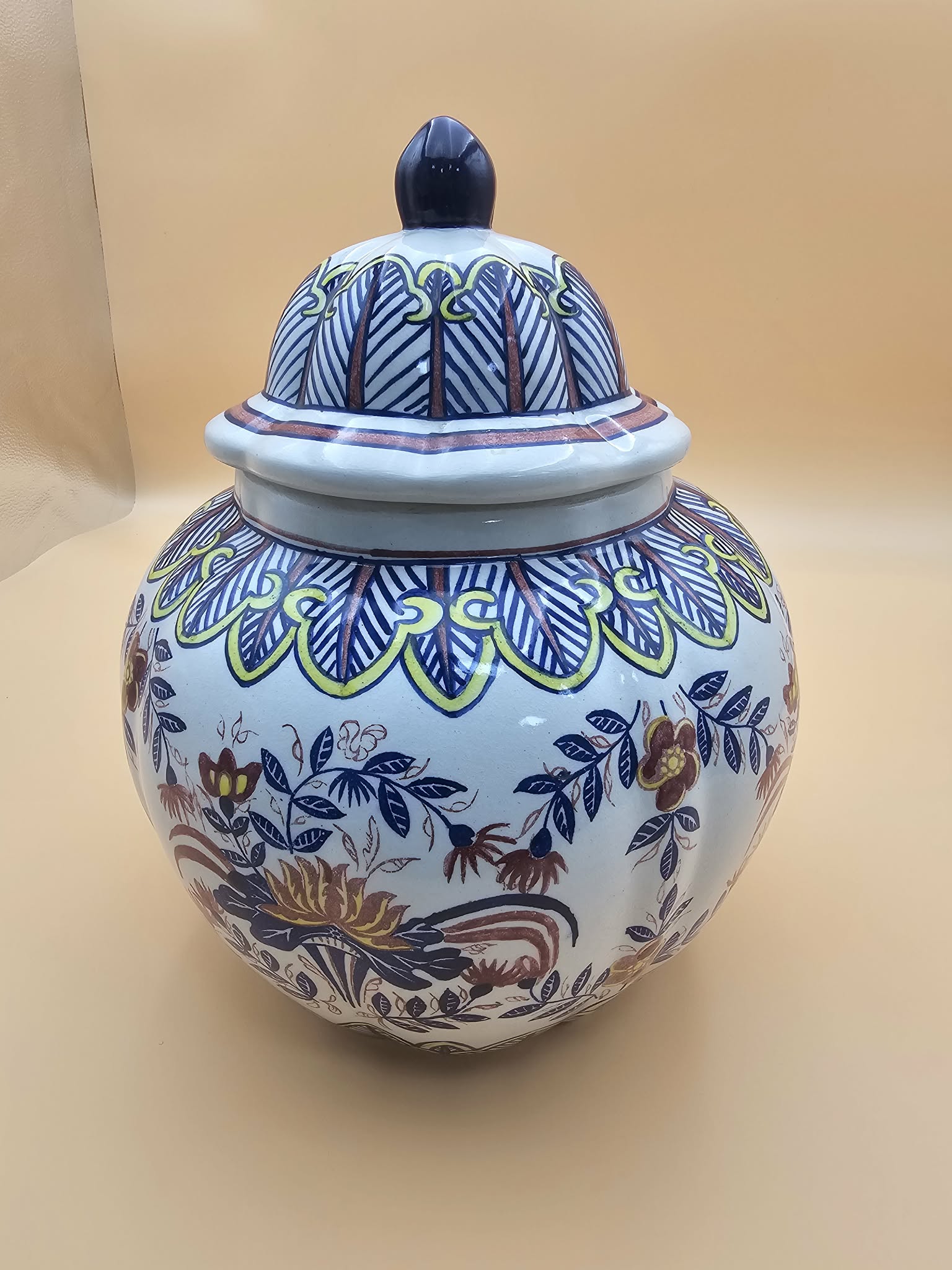 Large Hand-Painted Talavera-Style Ceramic Ginger Jar with Lid