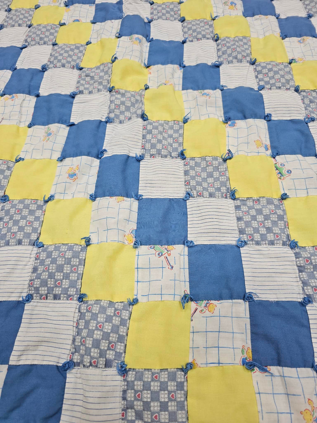Handmade Blue and Yellow Patchwork Rag Quilt Baby Blanket – 30 x 32 Inch