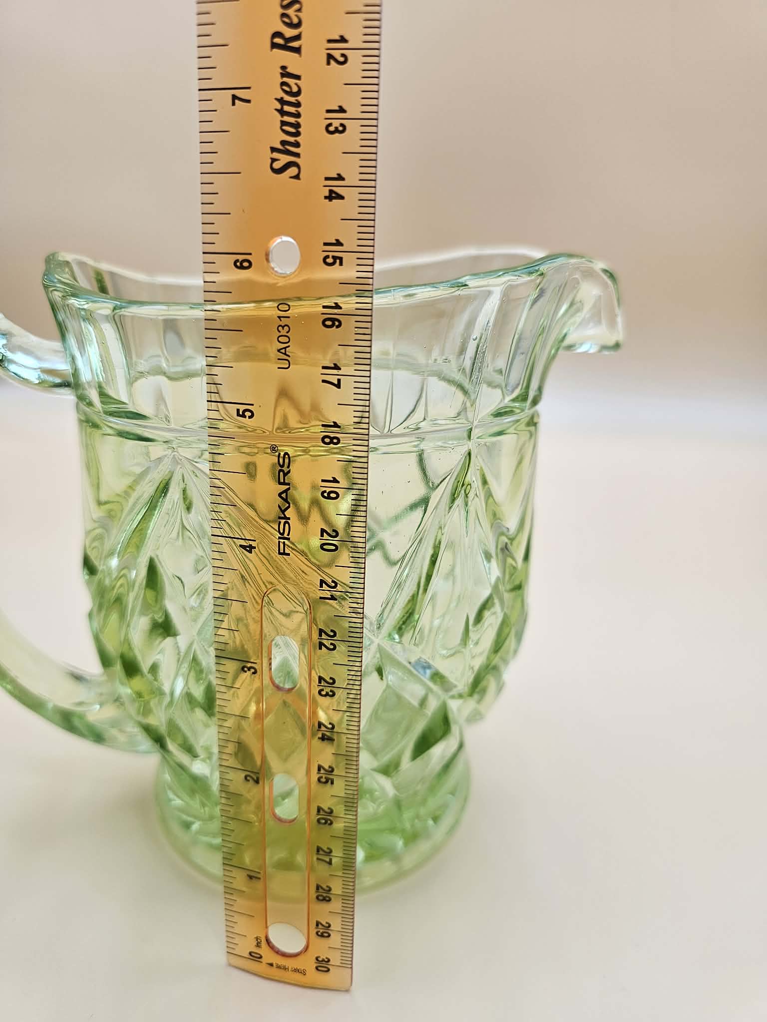 Vintage Green UV-Reactive Glass Pitcher Diamond Fan Pattern – 5.5 Inch