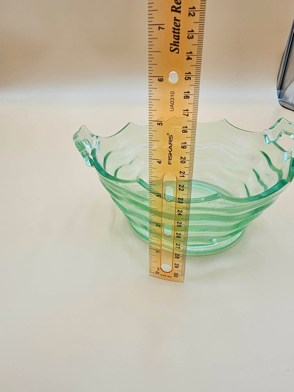 Vintage Green Uranium Glass Scalloped Handled Serving Bowl, 8 Inch