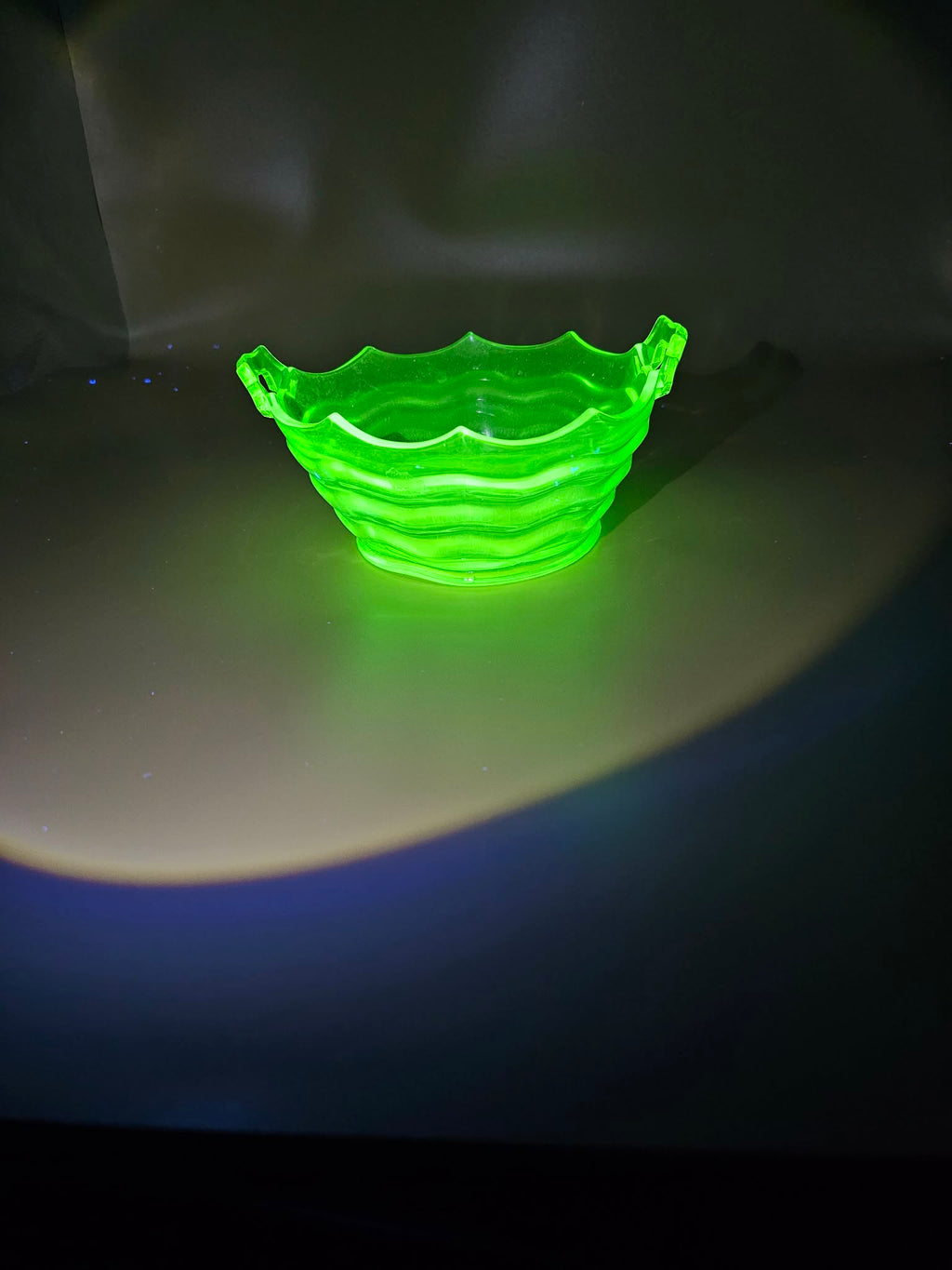 Vintage Green Uranium Glass Scalloped Handled Serving Bowl, 8 Inch